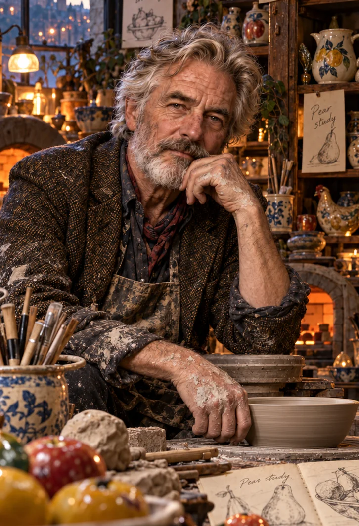 Illustrated portrait of the fictional Scottish potter Harry Bellgate in his ceramic studio