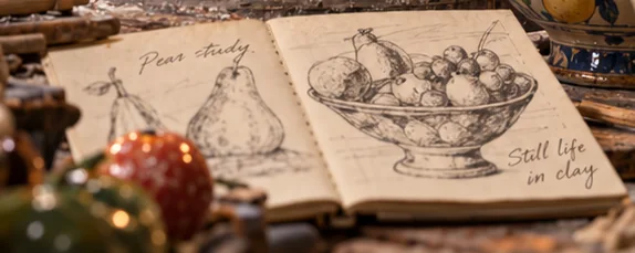 Sketchbook of pears and fruit bowls in the fictional artist's studio