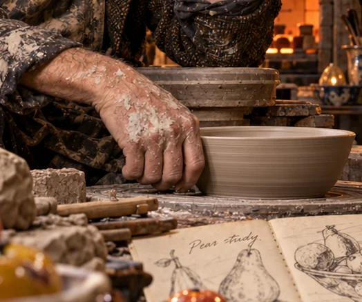Bellgate's fictional pottery studio workbench and pottery wheel